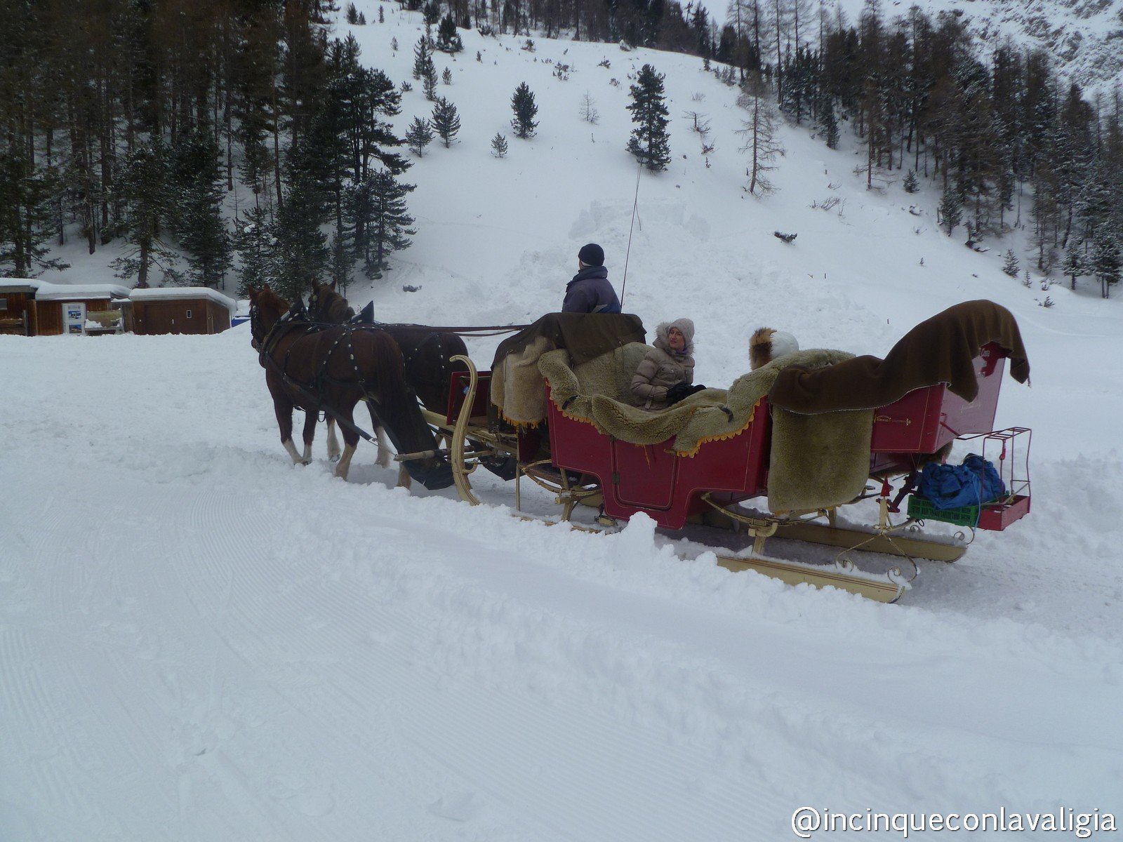 Carrozze trainate con i cavalli in Val Roseg in inverno Val Roseg in inverno carrozze trainate dai cavalli
