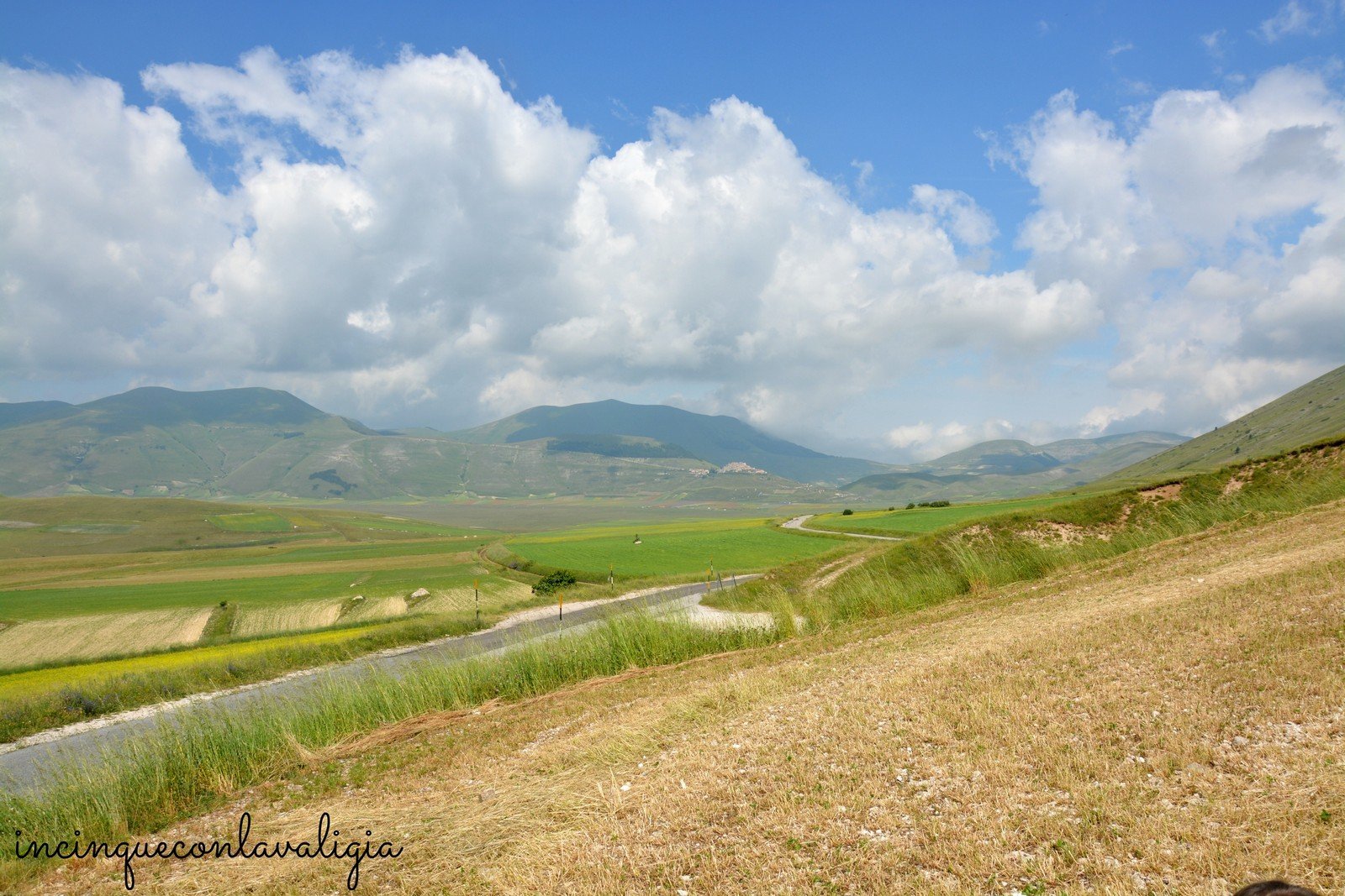 La fioritura della lenticchia a Castelluccio La strada che porta alla Piana di Castelluccio