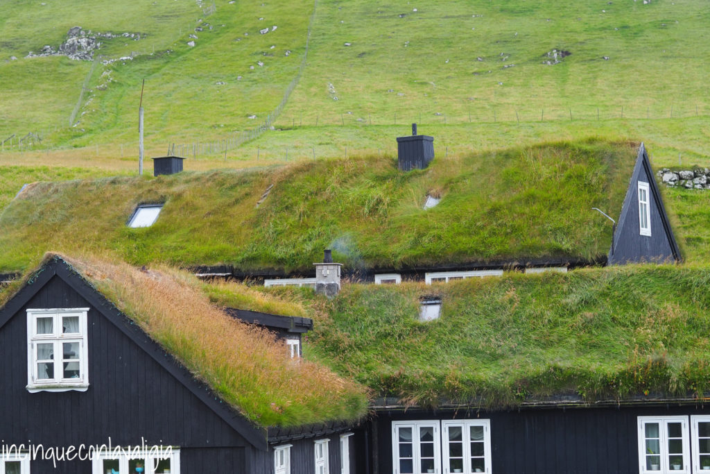 Tetti di erba alle isole Faroe Case con il tetto di erba a Mykines